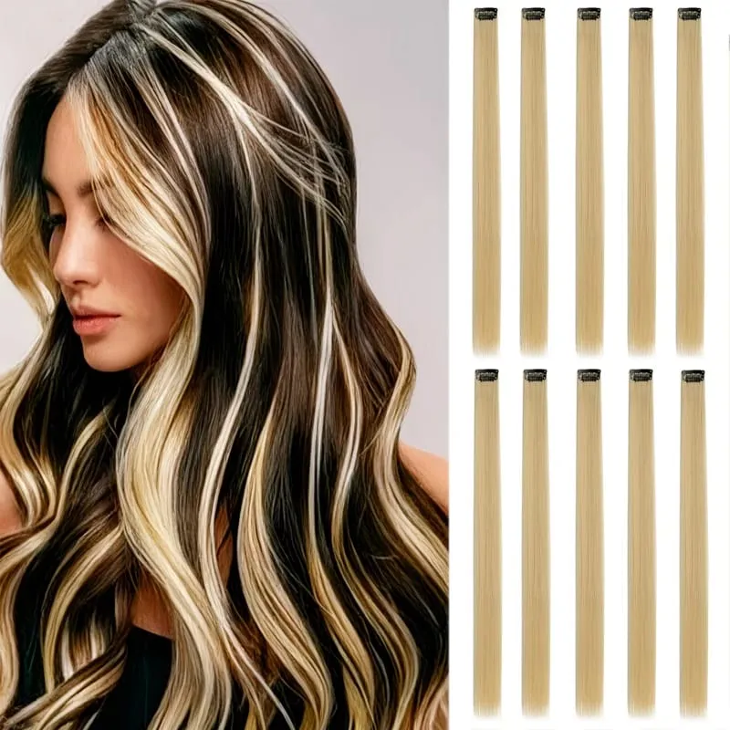 10PCS Hair Extensions Clip in -24 inch Colorful Hair Extensions Party Highlights Long Straight Synthetic Wigs Suitable for Girl