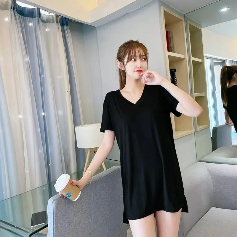 Loose Modal Short Sleeve V-Neck Midi Dress Thin Home Clothes Sleepwear Women's Base Skirt Comfortable plus Size Casual Style