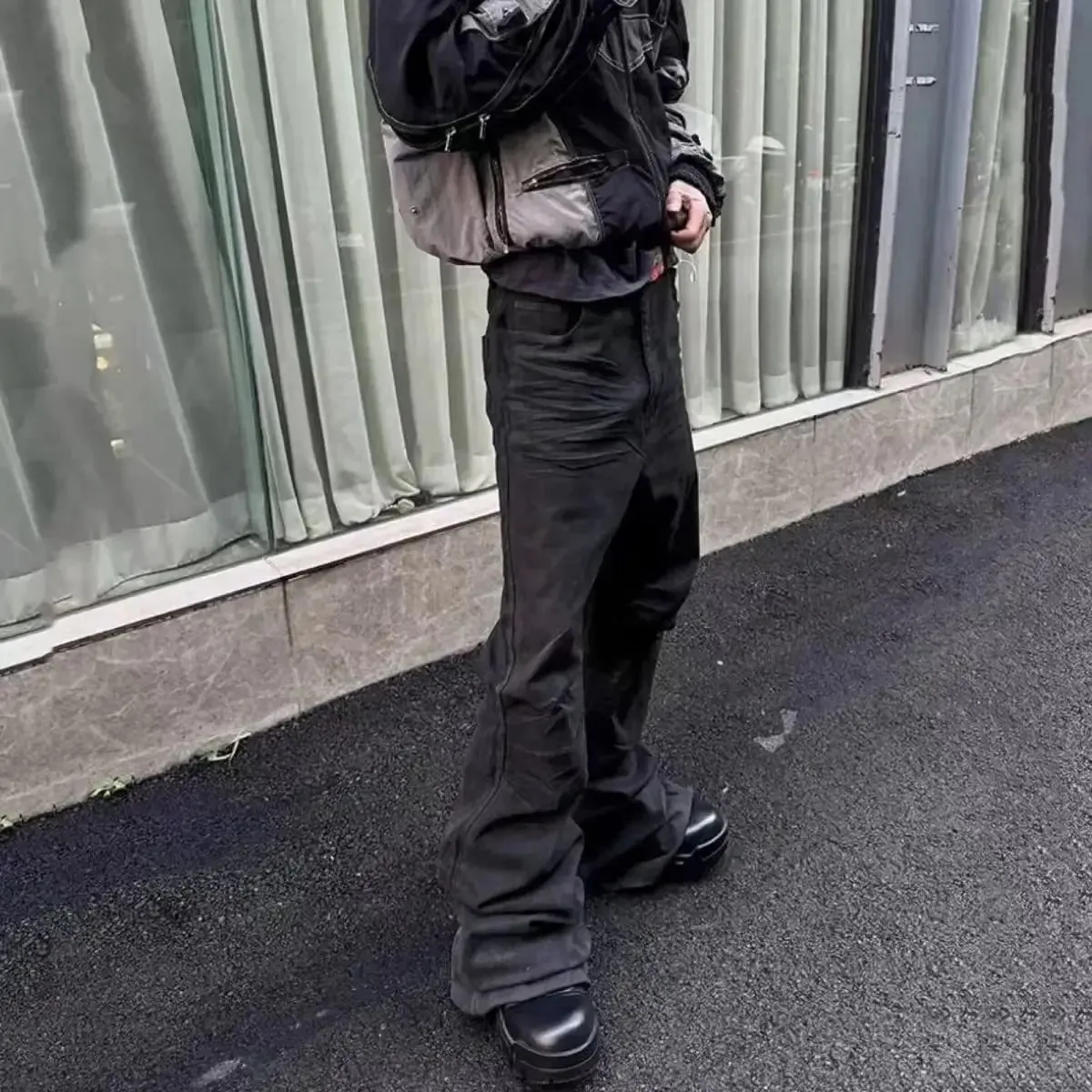 2026 High street coated micro-flare jeans American retro heavy industry men and women black gothic retro casual loose jeans
