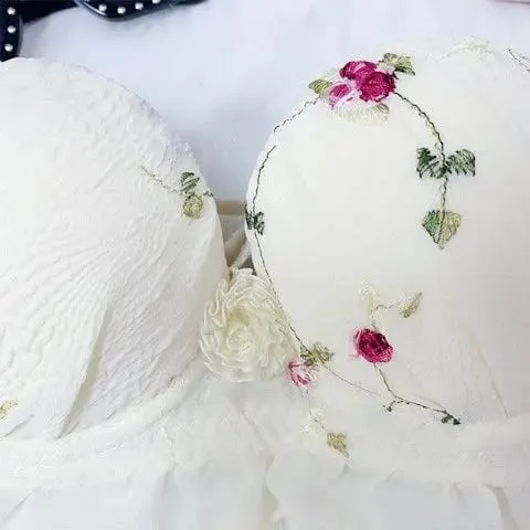 Women Floral Embroidery 2‑Pieces Lingerie Set Underwire Push‑Up Bra With Ruffle Trim Bow Decor Matching Panties Intimates