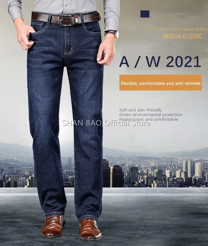 BAO 2026 automne printemps ajusté droit stretch denim jean style classique badge jeunes hommes d'affaires jeans décontractés pantalon