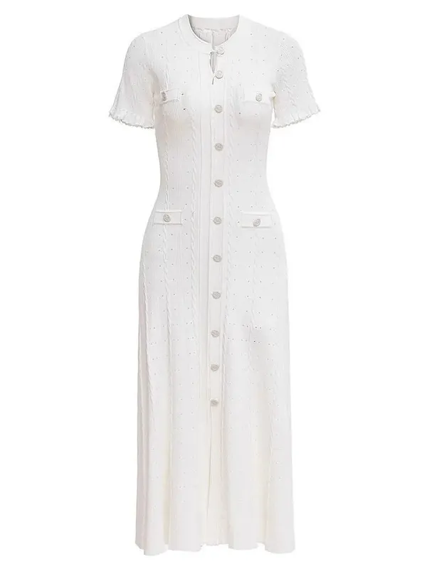 Elegant Knitted Dress round Neck Short Sleeve Hollow out Long Dress Ribbed Single Button Knitted Dress Fashionable Commute Style