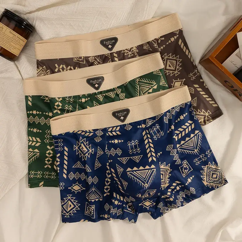 Erkek Boxer Retro Etnik Tarzı Rahat Pürüzsüz Kumaş Külot Vintage Baskı Elastik Iç Çamaşırı Erkek Iç Çamaşırı Düz ​​Külot