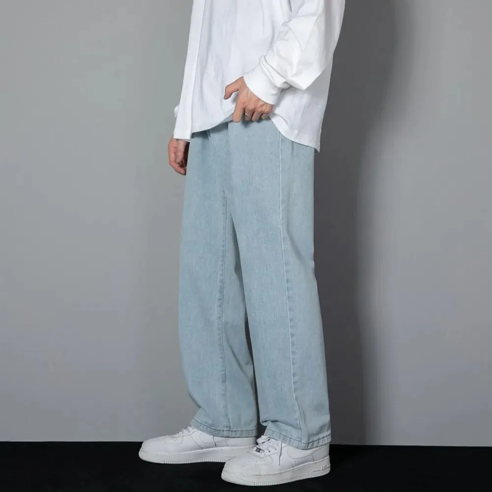 Jeans Panjang Kasual Pria Warna Solid Korea Celana Lebar Denim Lurus Empat Musim Pria Klasik Celana Lebar Biru Muda Abu-abu Hitam 3XL