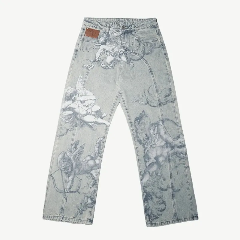 Mens Jeans Harajuku Y2K Angel Baggy Denim Pants Retro High Street Arrow Print Loose Straight Fit American Hip Hop Streetwear New