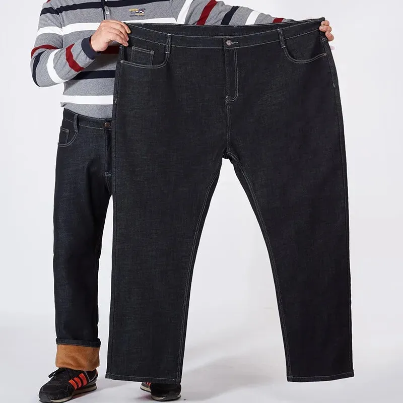 Men Plus Size 10XL Winter Warm Plush Jeans Stretch Loose Straight Baggy Denim Trousers for Comfortable Wear Oversize Streetwear