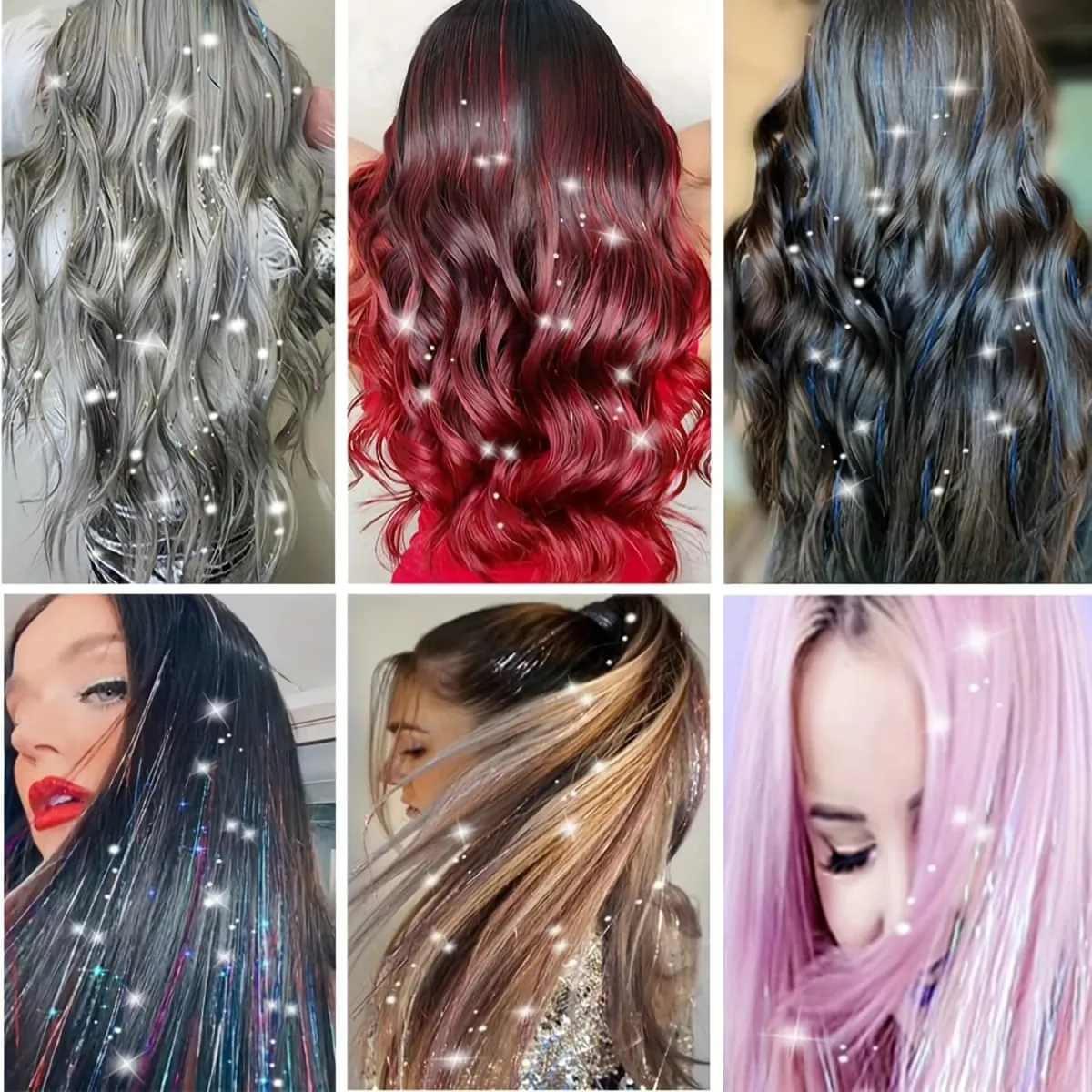 6/12Pas Synthetic Hair Tinsel Clip in 20Inch Glitter Tinsel Hair Clip in Hair Tinsel Kit Heat Resistant Shiny Sparkle Fairy Hair