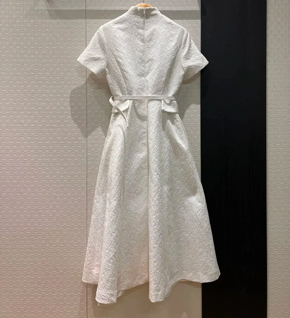 3D flowers embossed pattern 2026 spring women single breasted long dresses belt pockets dress black white