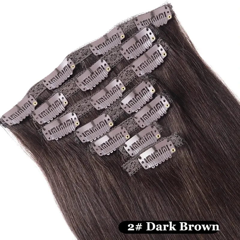 Doreen Clip Cheveux Clips en 100% Cheveux Humains Clip dans Extensions de Cheveux Véritables Pinces à Cheveux Naturelles Cousues sur Trame Brun Foncé 110G à 200G — image 9