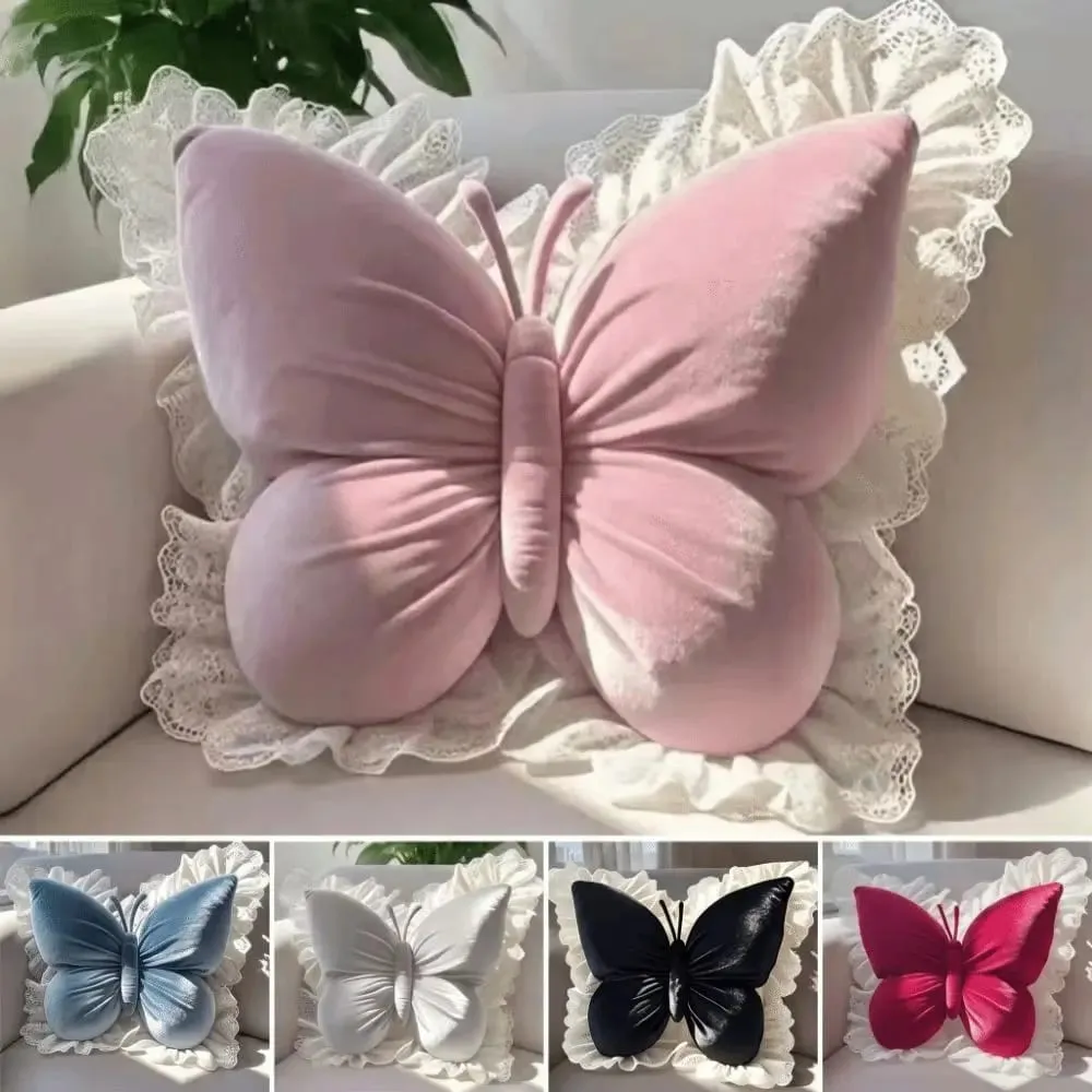 Home Decor Velvet Butterfly Pillow Lace Trim Bow Cushion Soft New Bow Throw Pillow Bedroom