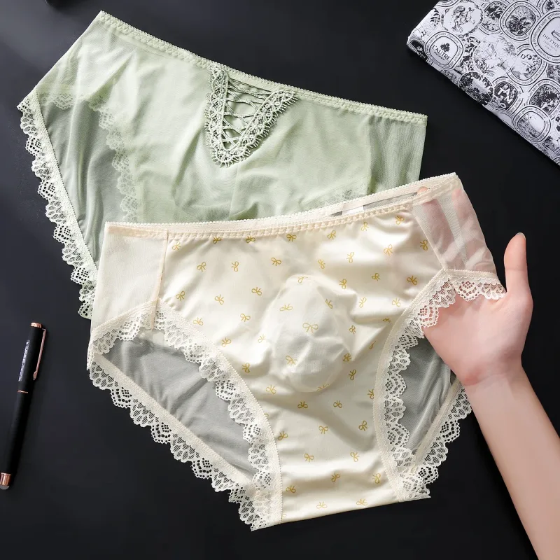 Sexy Lace Mens Briefs 3D Pouch Floral Edge High Elastic Sweet Heart Bow Print Mesh Splicing Underwear