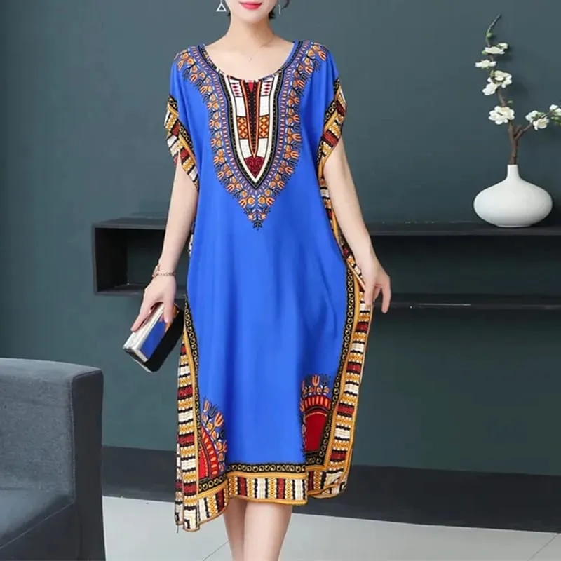 Boho Holiday Women V-Neck Batswing Short Sleeve A-Line Midi Dresses Slim Elastic Waist Casual Vintage Office Lady Elegance Dress