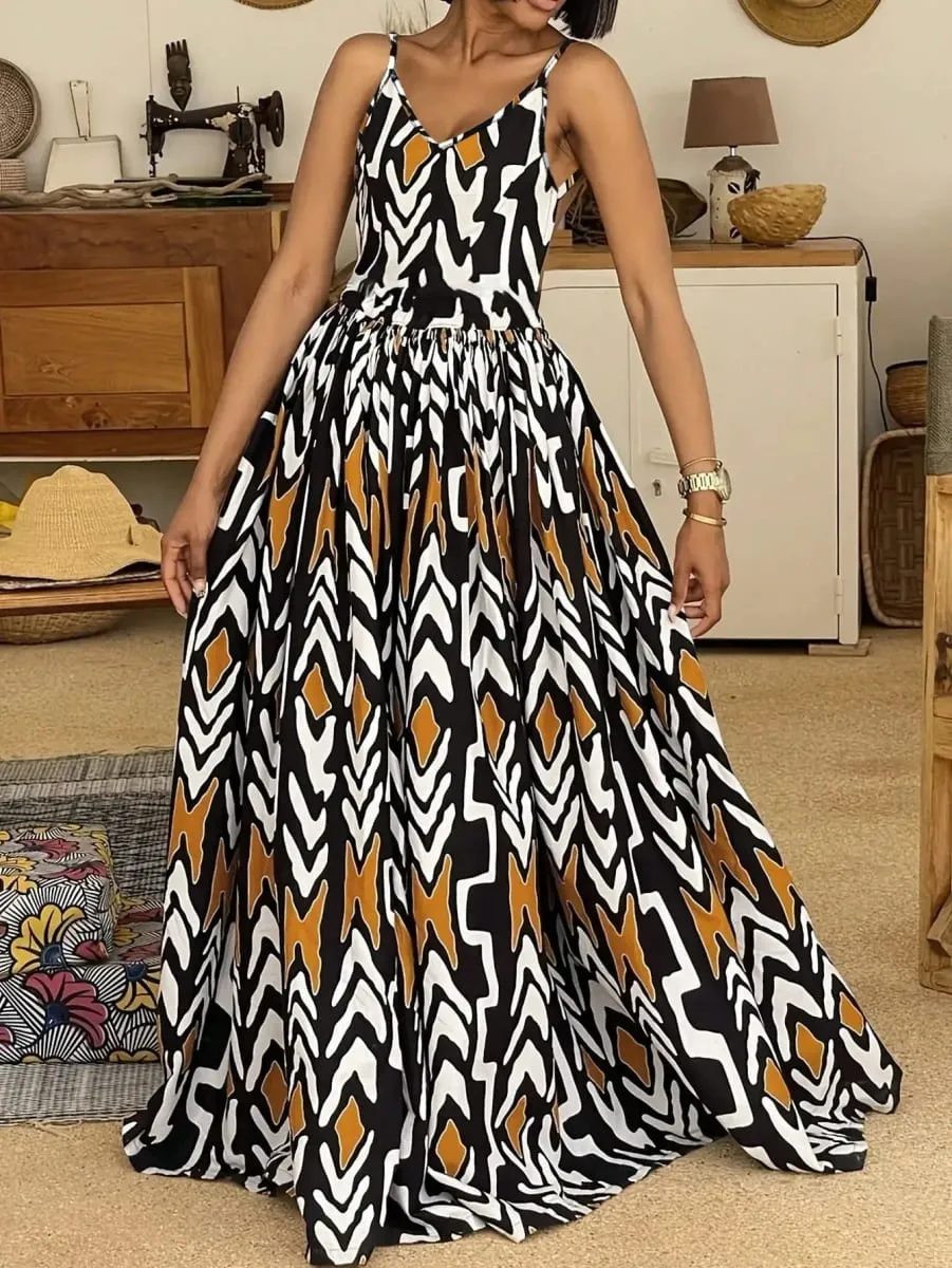 Womens African Print V Neck Backless Maxi Dress Sleeveless High Waist A Line Long Dress Summer Beach Party Elegant Outfit
