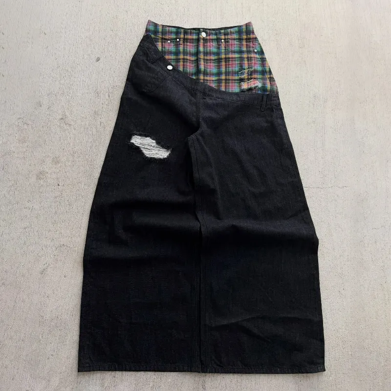 Y2k Harajuku Baggy Jeans Retro Plaid Patchwork Men And Women Wide Leg Pants American Hip Hop Streetwear Casual Jeans