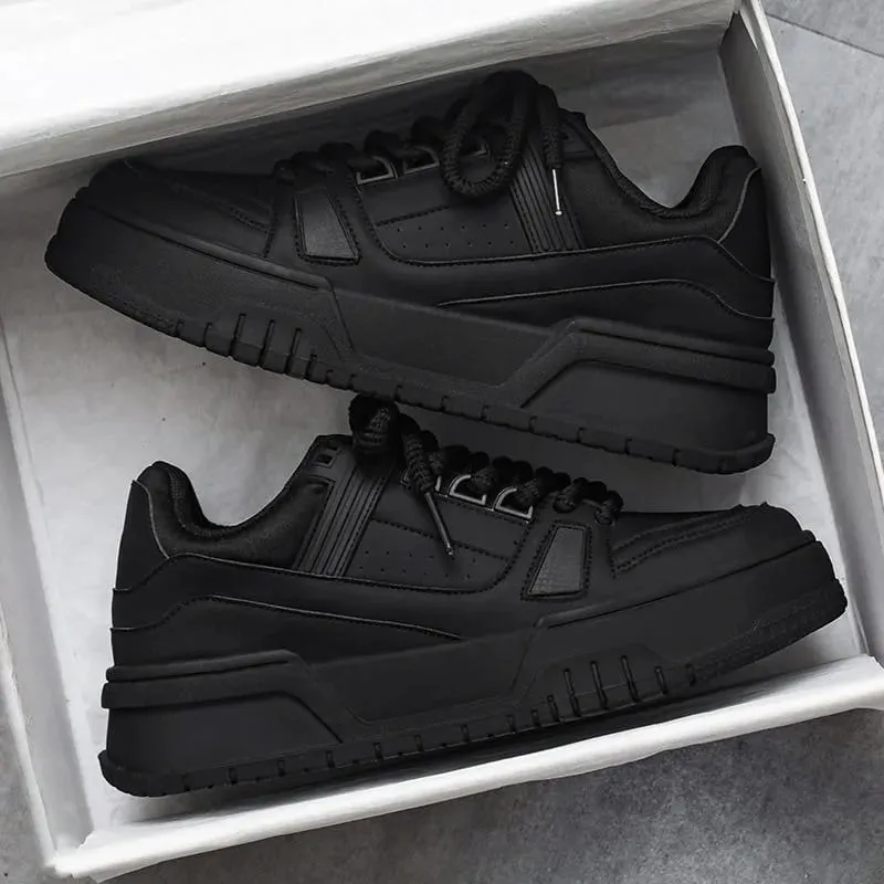 Men's Spring Autumn Unique Design Versatile Casual Pure Black Sneakers Teen Sports Thick Bottom Heightening Trendy Loers