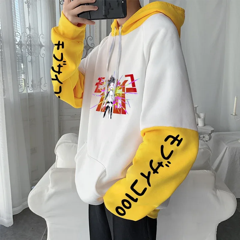 Anime Mob Psycho 100 Hoodie Harajuku Shigeo Kageyama Punk Kartun Kaus Pria Wanita Musim Gugur Musim Dingin Hangat Patchwork Kaus