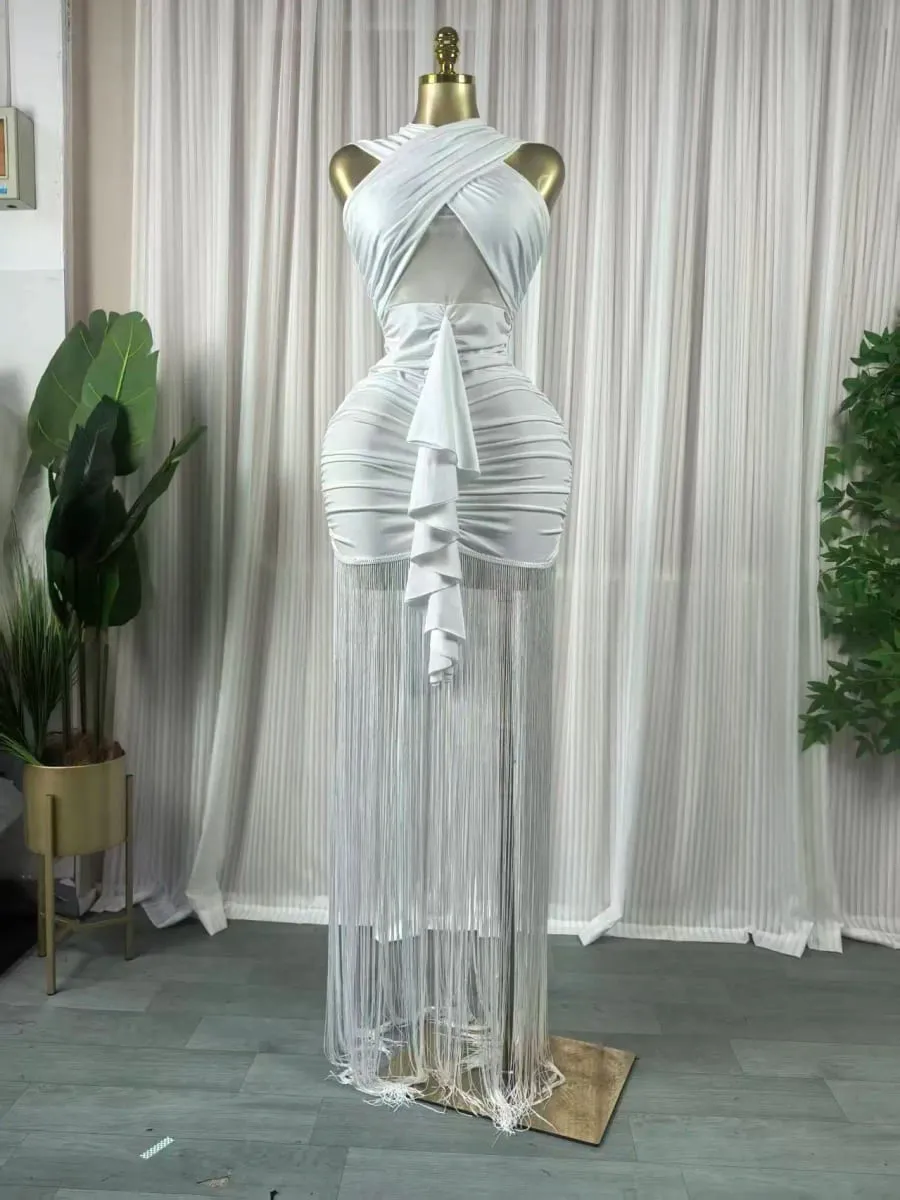 CM.YAYA Women Wraped Halter Neck Tassel Patchwork Stacked Midi Bodycon Maxi 2026 Spring Summer Holiday Party Trendy Long Dresses