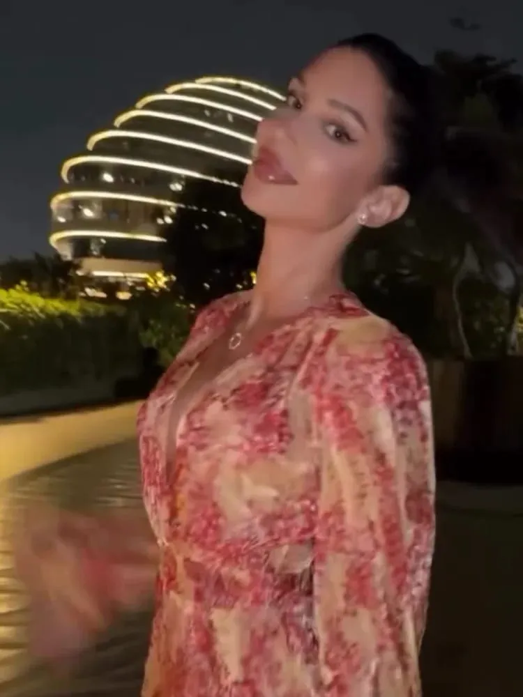 Sexy V Neck Printed Ruffle Dress Women's Fashion Long Sleeve High Waist Slim A-line Mini Dresses 2026 Lady Dating Daily Robe