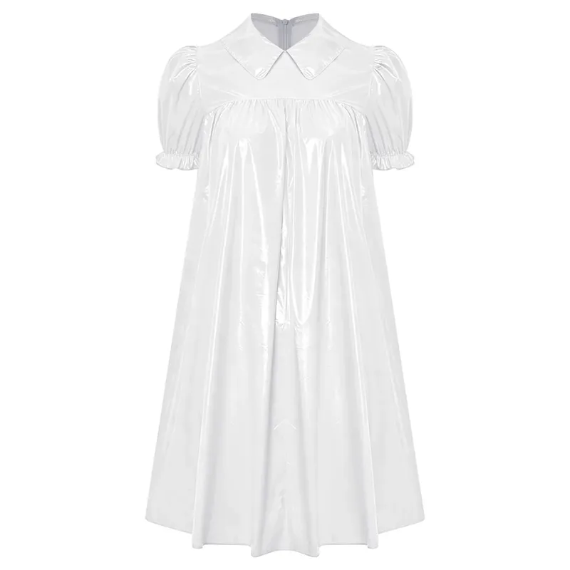 Women Waterproof Vinyl Regency Dress Victorian Party Sleep Dress Puff Short Sleeve Empire Waist Lapel Dress Nightgown Rave Party