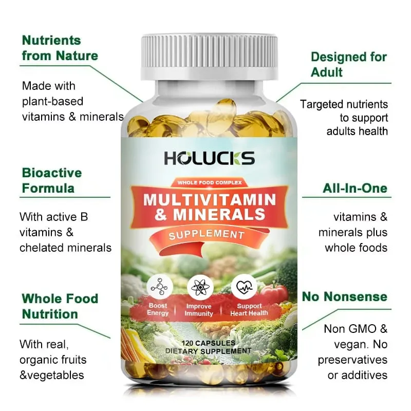 Cápsulas multivitamínicas e minerais gratuitas com complexo alimentar integral apoiam a imunidade, a saúde do coração e o bem-estar diário para adultos