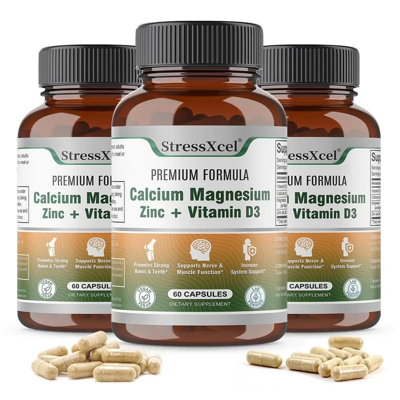 Calcium + Magnesium + Zinc + Vitamin D3 Capsules - Supports Bone and Nervous System Health and Improves Mood