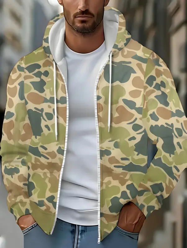 Men's Camouflage Graphic Zipper Hoodie Long Sleeve Casual Outdoor Jacket Drawstring Loose Comfortable Men's Sweatshirts Clothing