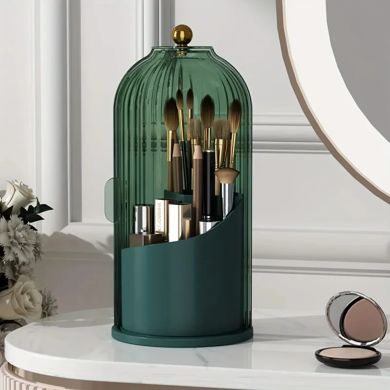 360° Rotating Makeup Brush Holder with Dustproof Cover Luxury Cosmetic Organizer Large Capacity Makeup Storage for Brushes