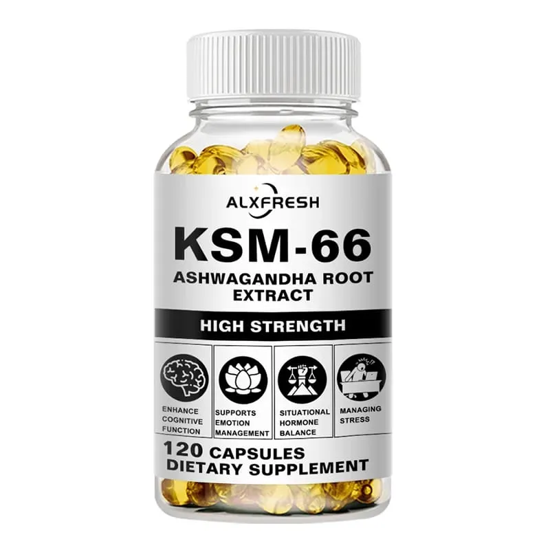 Natuurlijke organische Ashwagandha KSM-66 supplementencapsules voor stressverlichting Focus Hersenenergie Ondersteuning Slaapgezondheidssupplement