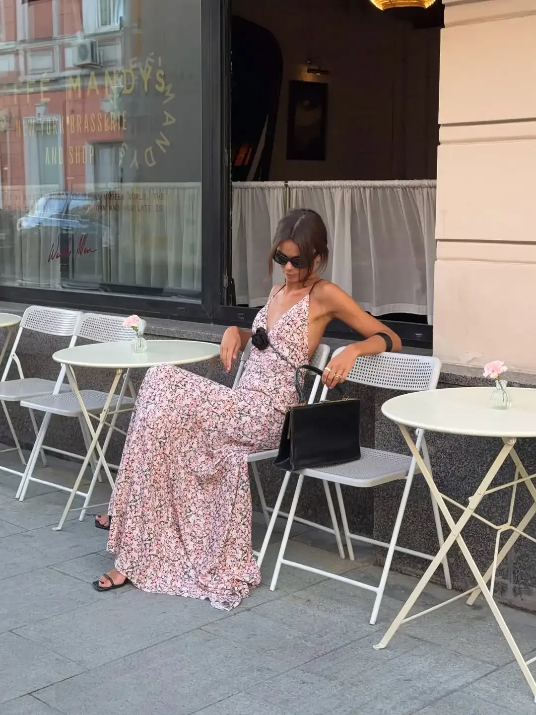 Sexy Floral Printed Sling Maxi Dress Spaghetti Strap Deep V Neck Front Black Rose Detail Ruffle Hem Lady Street Vacation Dresses