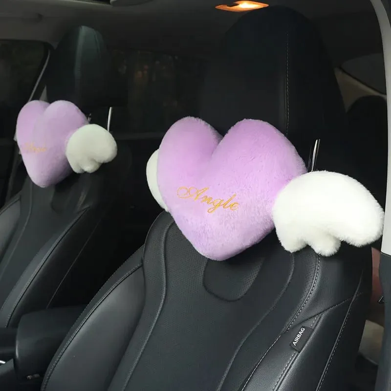 28x58cm 2Pcs Cute Heart‑Shaped Car Headrest Pillow With Angel Wings Soft Plush Auto Neck Support Cushion Car Seat Head Pillow