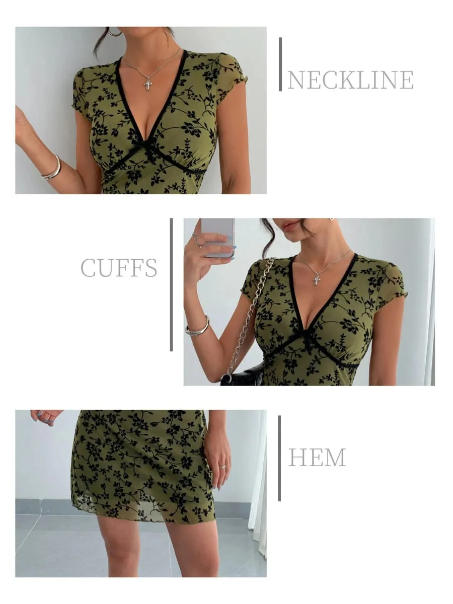 Summer 2026 Green Ditsy Flowers Dress Women Floral V-Neck Slim Waist A-line Mini Dress Sexy Dresses Short Sleeve Casual 64051