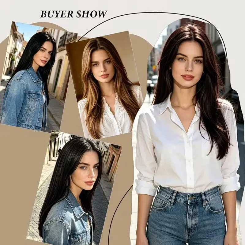 24Inch Synthetic 4-Clip V-Shaped Long Straight Hair Extension One Piece Heat-Resistant Fiber Hairpiece for Women Daily Use