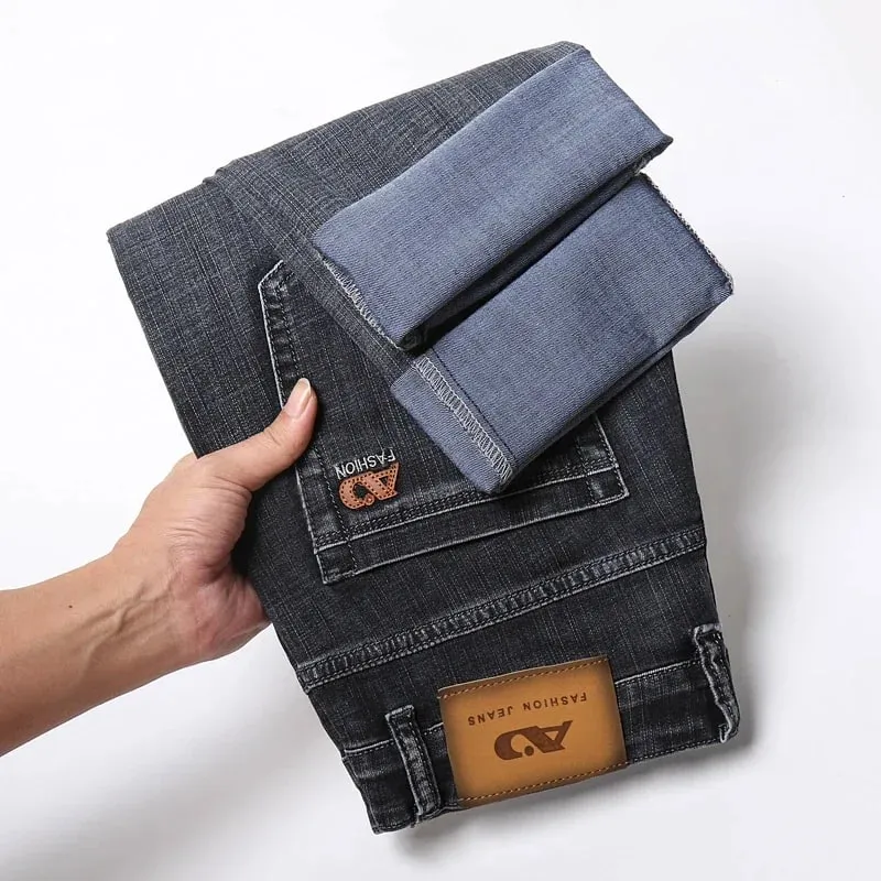 2025 Brand New Men's Slim Thin Jeans Retro Light Blue Cotton Stretch Denim Pants Male Fashion Casual Brand Trousers
