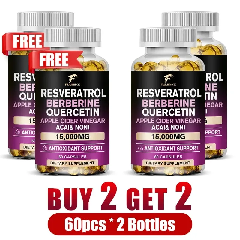Buy 2 Get 2 Free! Resveratrol Berberine Quercetin Capsules Triple-Action Formula for Blood Sugar Heart Health & Anti-Aging