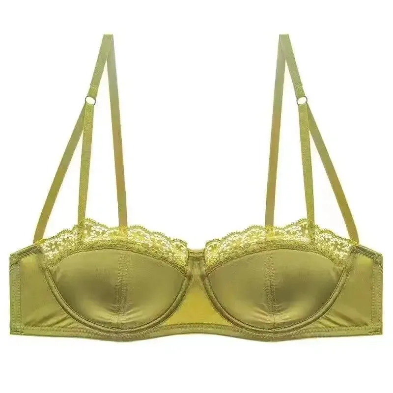 Sexy Satin Half Cup Bra Set with Steel Ring Thin Comfortable Upper Support Green Lace Edge Glossy Lingerie for Women