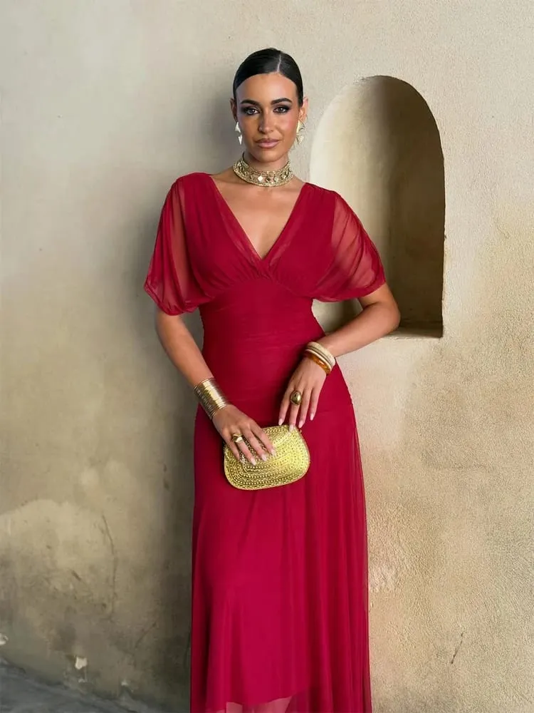 Wanita Padat Dalam V-leher Mesh Gaun Panjang Elegan Puff Lengan Pendek Pinggang Ruched Vestidos Tinggi 2026 Musim Panas Wanita Kasual Jubah Jalanan