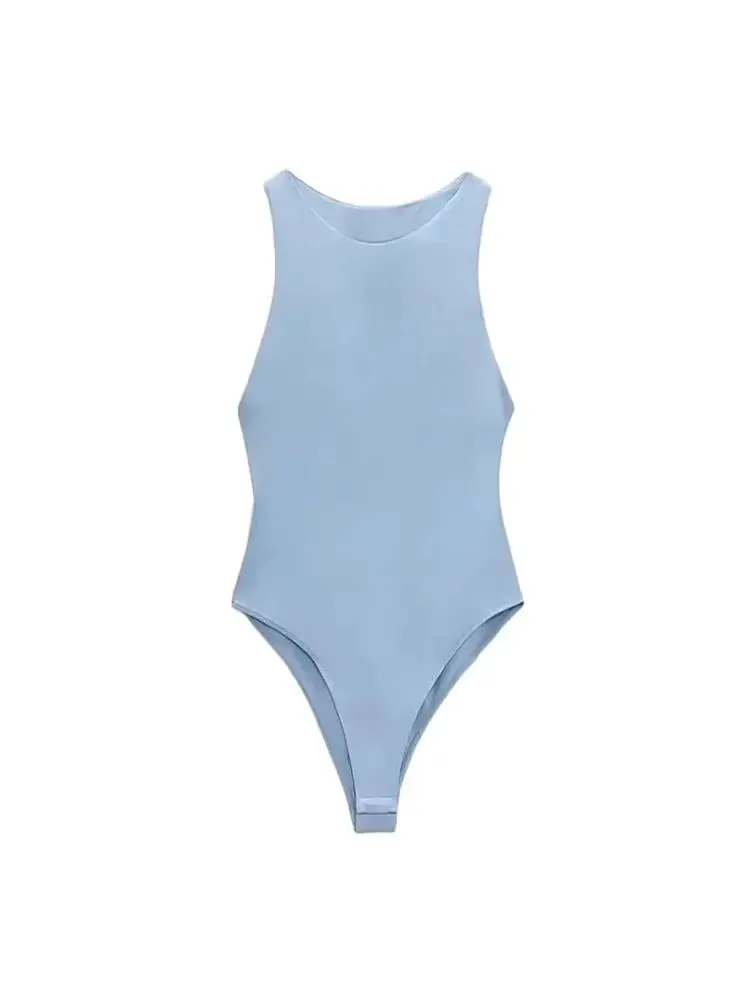 Moda feminina com decote halter magro bodysuit sexy sem mangas snap-botão feminino playsuits mujer
