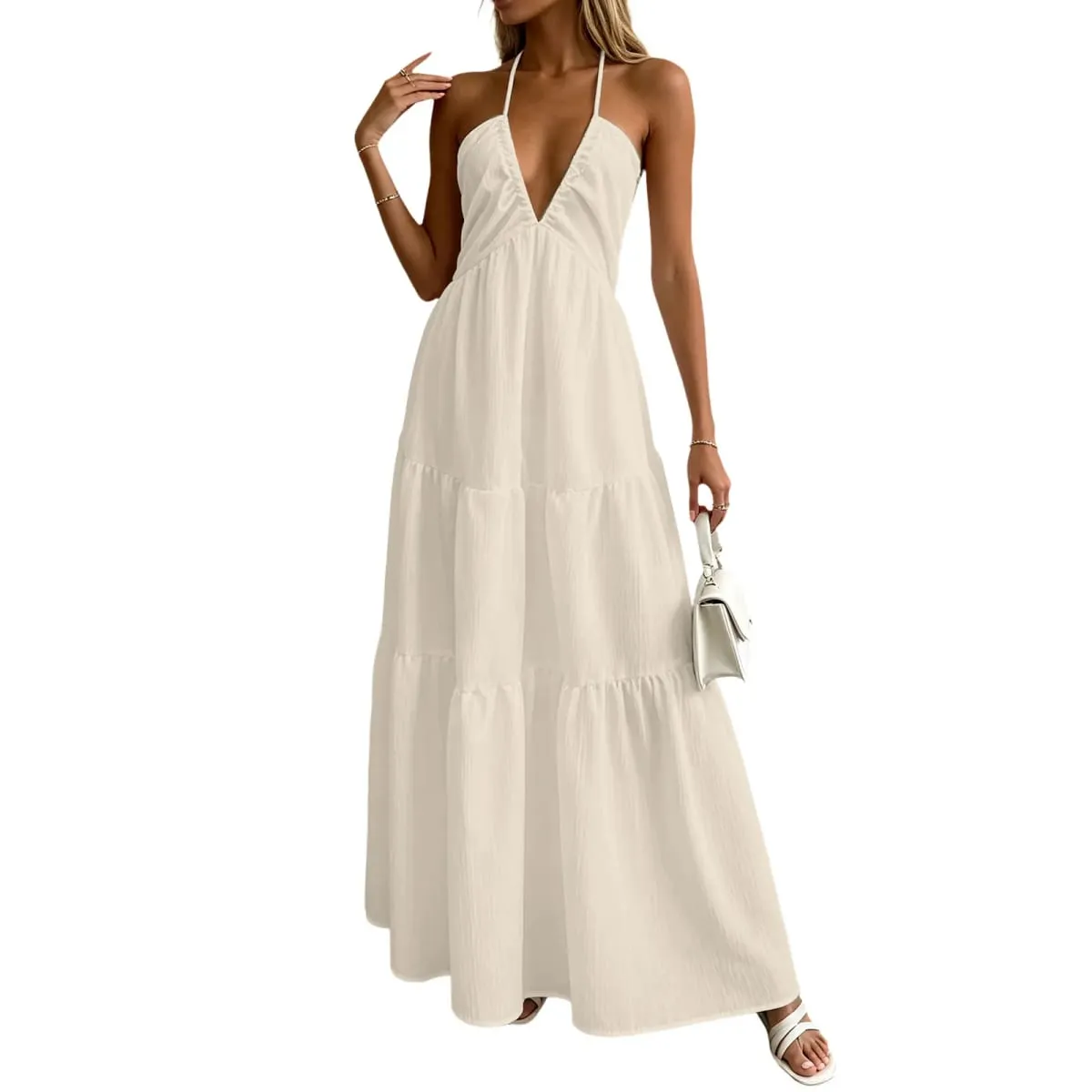 Summer Halter Neck Women's Dress Elegant Chic Wedding Party Beach Dress Backless Flowy Vacation Boho Sling Long Dresses Women