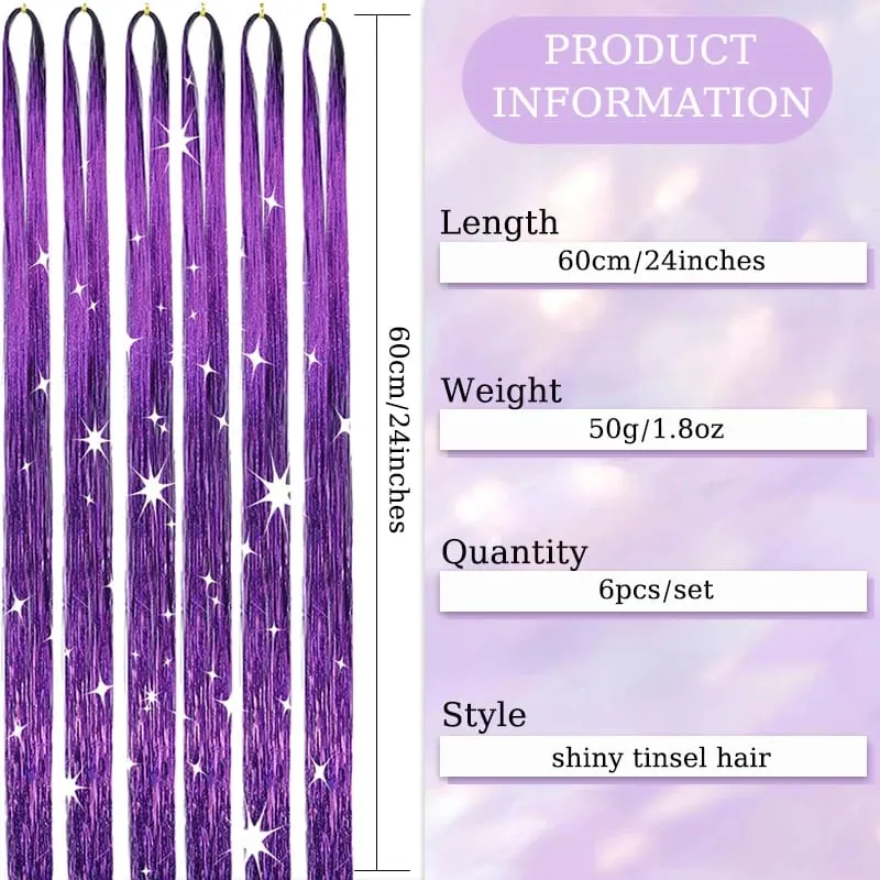 6Pcs Hair Tinsel Kit 24inch 1200 Strands Glitter Tinsel Hair Extensions Shiny Colorful Tinsel Hair Party Highlights for Women
