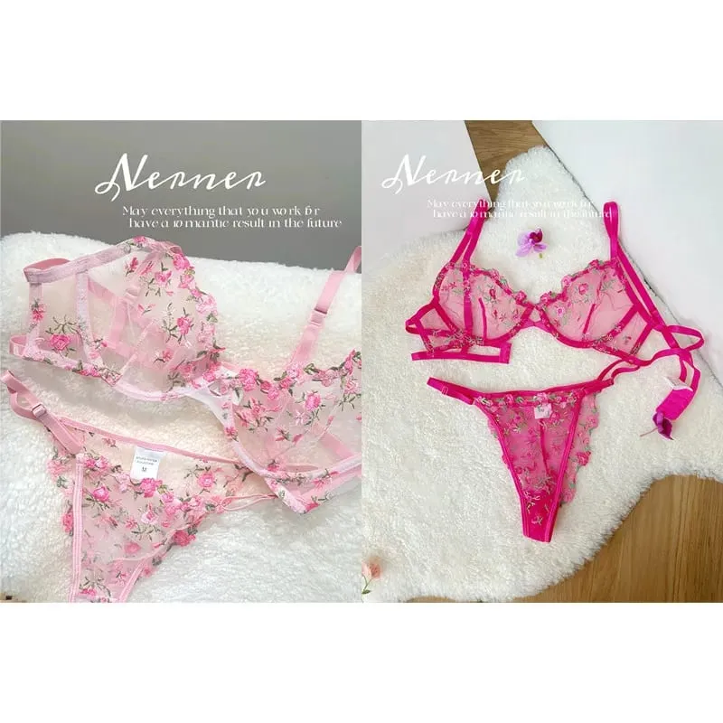 Korean Hot Lace Bra Set Floral Embroidery Transparent Mesh Ultra Thin Big Bust Modest Summer Ladies Daily Wear Underwear 32-38