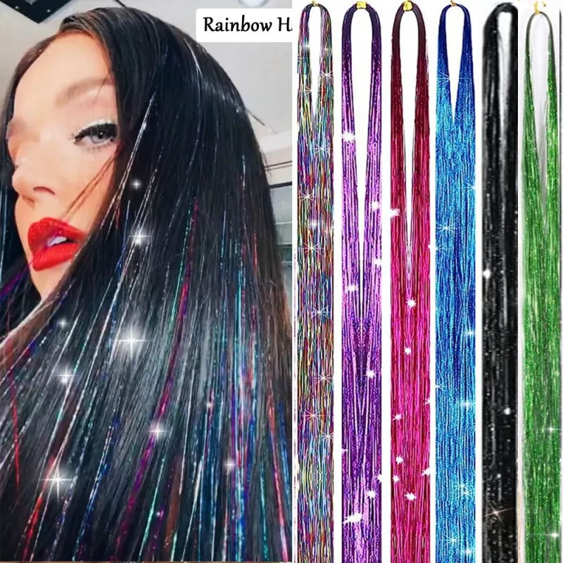 6Pcs/set Sparkle Shiny Hair Tinsel Hair Extensions Dazzles Women Hippie for Braiding Headdress Hair Braiding Tools Long 60cm
