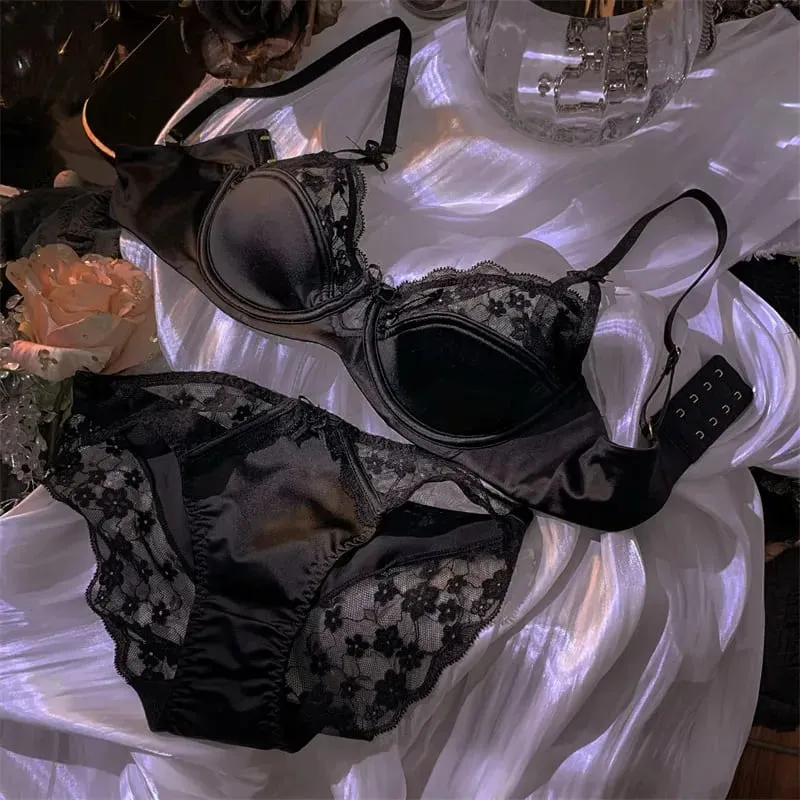 Ropa interior de encaje de media Copa de satén Premium francés para mujer, Conjunto de sujetador brillante con soporte superior fino y Sexy, conjunto de pechos grandes pequeños 32-38