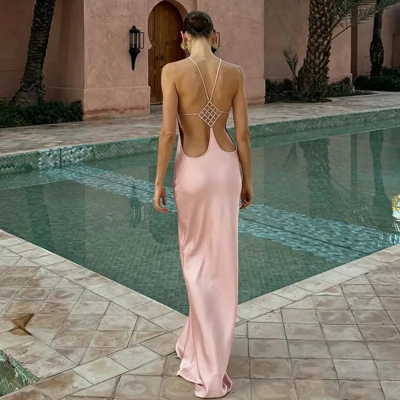 Cryptographic Vacation Women's Casual Dresses Sexy Socialite Style Long Dress Rhinestone Decor Slim Solid Backless Women's Gowns