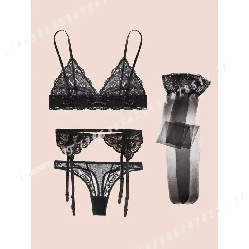 Varsbaby Women Lace Bra Set Non Padded Bra Panty Garter Stockings Summer Underwear Lingerie Sexy