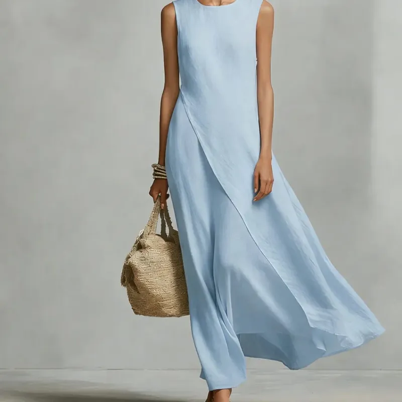 Womens New O Neck Loose Maxi Dress Casual Asymmetrical Hem Long Dresses Elegant Sleeveless Summer Beach Vacation Sundress Female