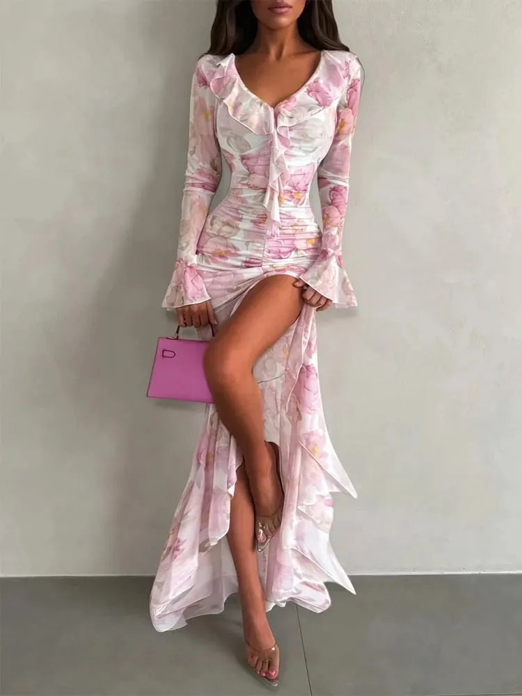 Women Pink Floral Print Maxi Dress Elegant V Neck Ruffle Trim Flare Sleeve Ruched High Chiffon Dresses 2026 Lady Party Vestido