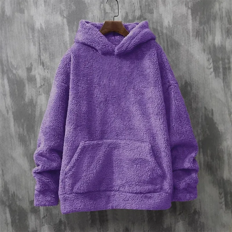 Purple Men's Hoodies Coral Fleece Designer Vintage Novelty Hooded Sweatshirt 2026 New Korean Style Winter Warm Pullovers for Men