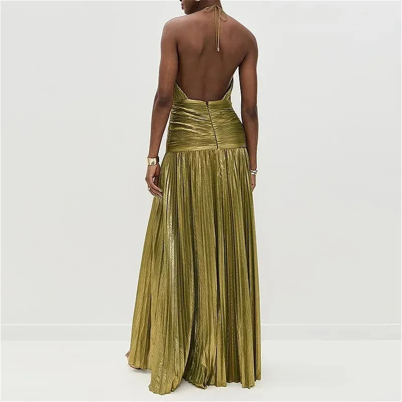 Elegant Sexy Off Shoulder Halter Pleated Slit Maxi Dress Luxury Corset Gold Evening Cocktail Dresses For Women Party Prom Gown