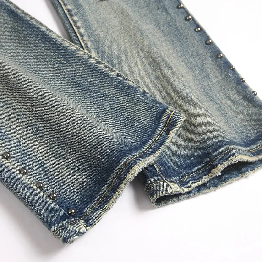 Men's Badge Patch Boot Cut Jeans Rivet Vintage Retro Blue Stretch Denim Pants Streetwear Slim Flared Trousers