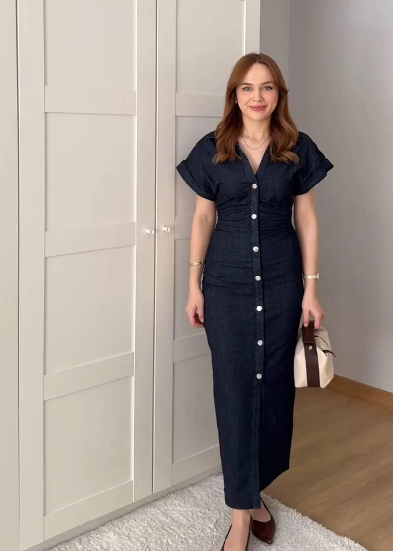 Pakaian MIDI denim siri ETJ 2025 Musim Bunga Baharu 1975 dengan zip sisi lapel fesyen pinggang kedut pakaian elegan langsing